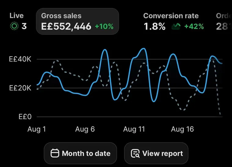 Shopify dashboard, August month to date: EGP 552,446 gross sales, up 10%, conversion rate 1.8%, up 42%