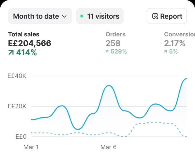 Shopify dashboard for Brand C showing EGP 204,566 total sales, 258 orders and 2.17% conversion month to date