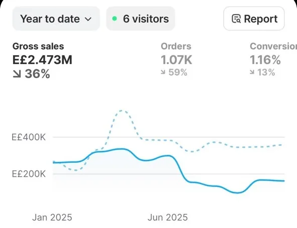 Brand D Shopify dashboard, year to date: EGP 2.473M gross sales and 1.07K orders